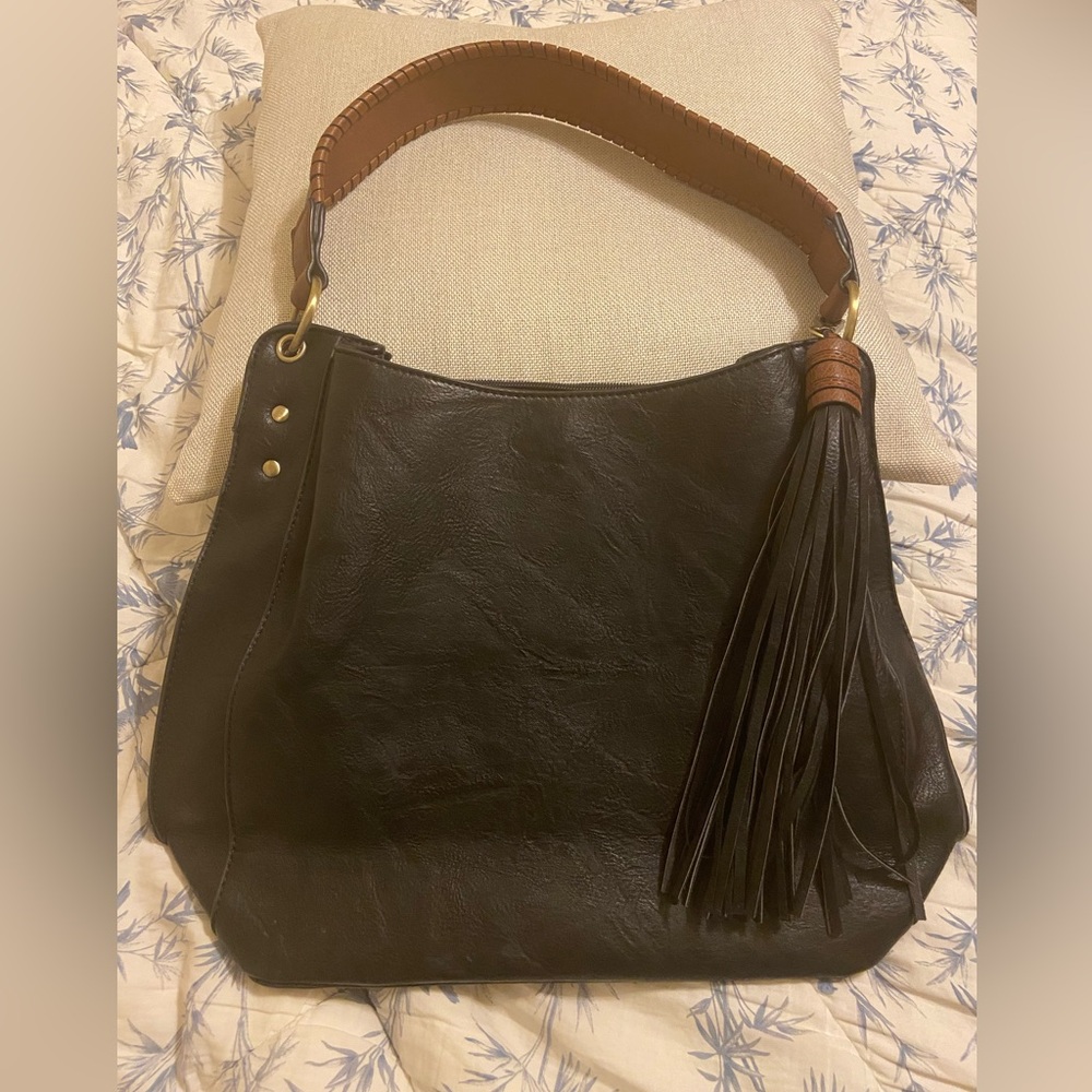 JEN & CO Hobo Bag Amber with 3 Compartments and Braided Handle